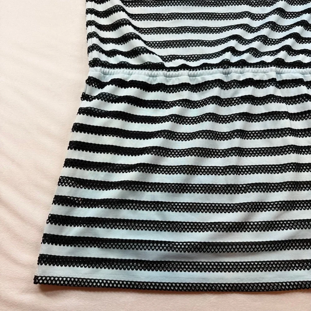 Calvin Klein Striped Mesh‎ Swim Cover-Up Dress Blue Black V-Neck Pockets Large